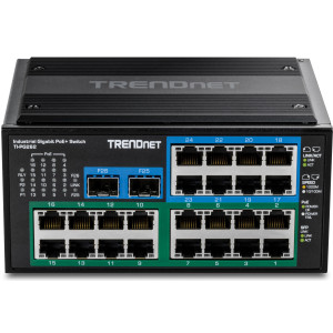 TRENDnet TI-PG262 26-Port Ethernet Switch, 16 Gigabit PoE+ ports, 8 Gigabit ports, 2 Gigabit SFP slots, 52 Gbps switching capacity, DIN-rail/wall mount